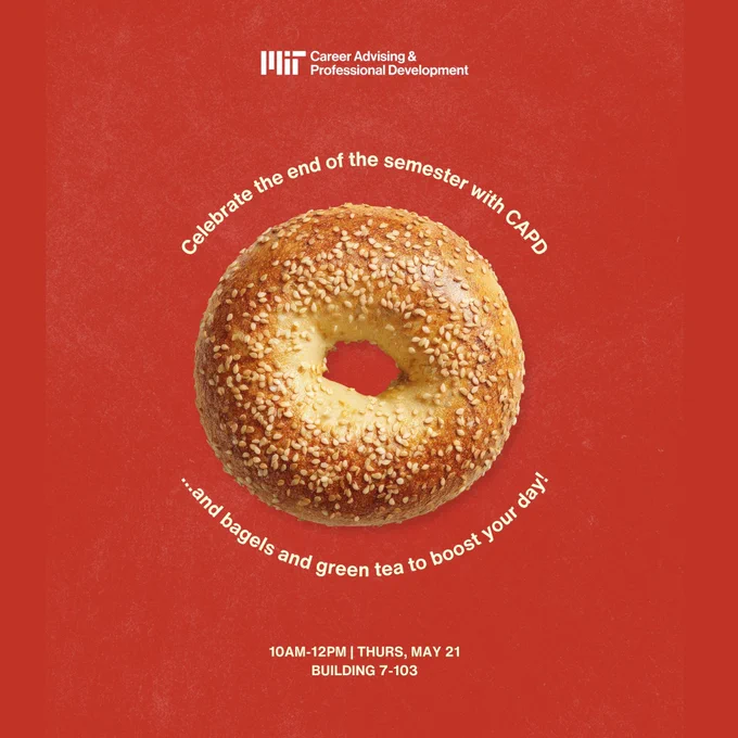 A simple graphic with text surrounding a photo of a sesame seed bagel. The text describes the event details from the caption.