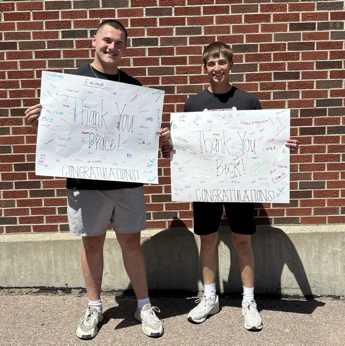 The fourth graders at Beadle said "Thank You" and "Congratulations" to their high school friends, Beck and Drace. Good luck on your future adventures!