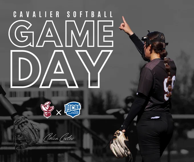 A softball player in a dark uniform with number 99 is standing on a field, pointing upwards. The text "Cavalier Softball Game Day" is prominent. The logos of the Cavaliers and NJCAA are displayed. The name "Clelia Cotes" appears at the bottom.