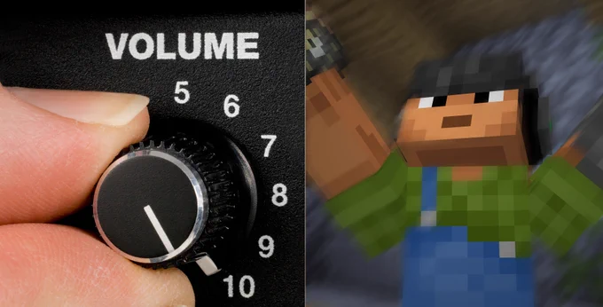 Two images split down the middle, image on the left is a volume dial being cranked all the way to 10, image of the left is a Minecraft character holding a music disc with their arms flailing in the air. They are loving the new songs.