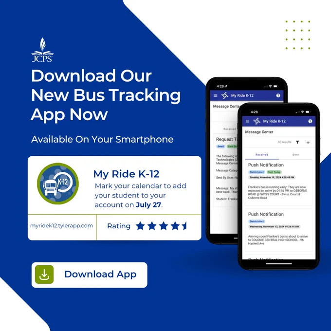 Download our new bus tracking app now. Available on your smartphone. My Ride K-12. Mark your calendar to add your student to your account on July 27. myridek12.tylerapp.com, Download app.