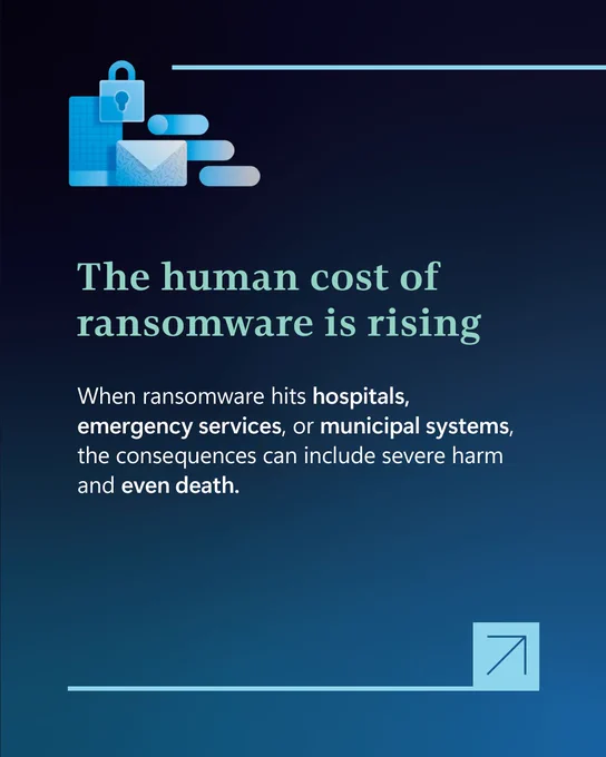 Lock and envelope icon representing cybersecurity over a dark blue background. Text reads, “The human cost of ransomware is rising.” Supporting text explains that when ransomware hits hospitals, emergency services, or municipal systems, consequences can include severe harm and even death.