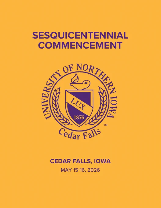 A picture showing the gold cover of the UNI spring commencement program, with purple writing.