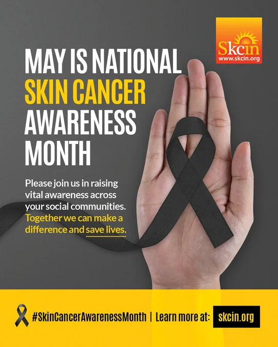 A hand holds a black ribbon against a gray background. Bold text reads, "May is National Skin Cancer Awareness Month." Additional text encourages raising awareness in social communities. The Skcin logo appears in the top right. A hashtag and website URL are at the bottom.