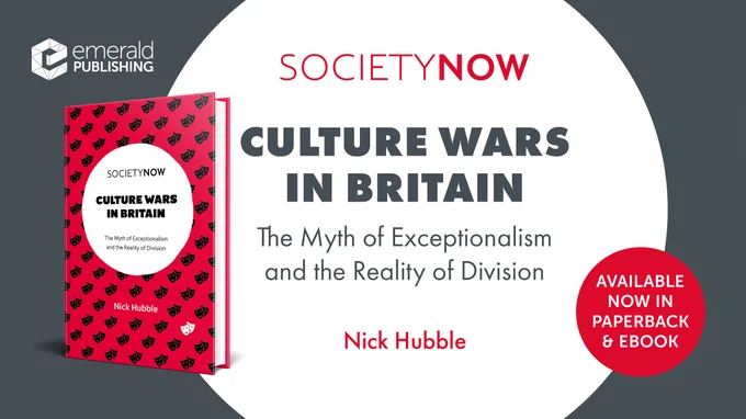 The image features a promotional graphic for the book "Culture Wars in Britain" by Nick Hubble, published by Emerald Publishing. The background is gray with the book cover on the left, featuring a pattern of small black megaphones on a red cover. The text highlights the availability in paperback and ebook formats.