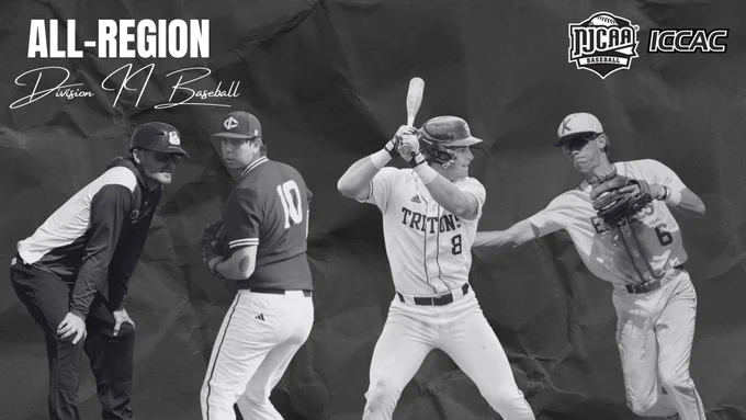 A manager and three baseball award winners in action span across the graphic title All-Region Division II Baseball. NJCAA Baseball and ICCAC logos in the top right corner. 