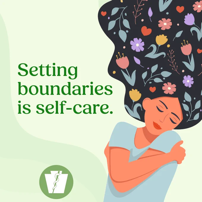 Illustration of a woman hugging herself with flowers and hearts in her hair, alongside the text 'Setting boundaries is self-care.'