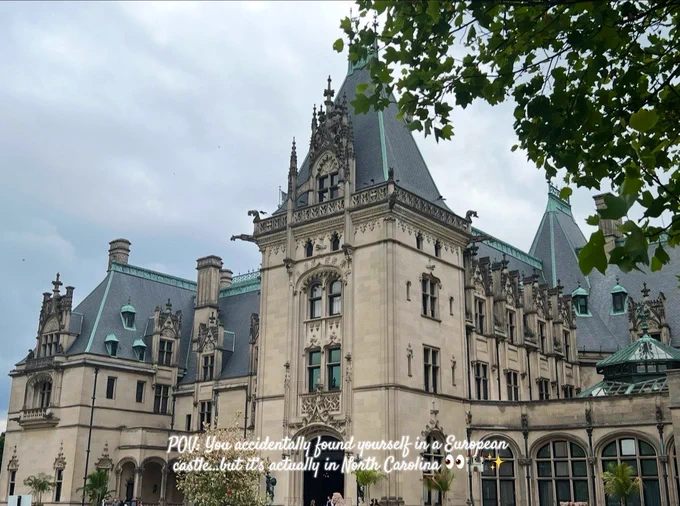 Exterior view of the Biltmore Estate, a massive castle-like mansion with Gothic architecture, stone walls, towering roofs, and dramatic cloudy skies framed by green trees.