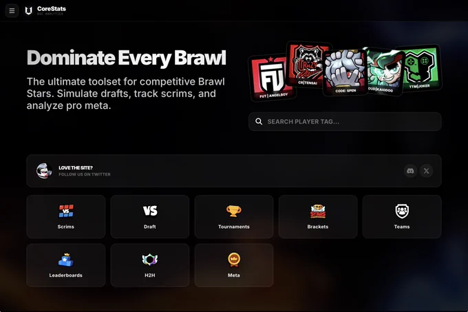 CoreStats.pro website showcasing all features - scrims, draft duels, matcherino tournaments, bsc brackets, team pages, bsc leaderboards, head to head analytics and meta page 
