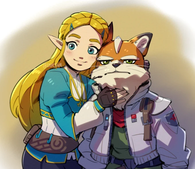 princess peach but blue version from botw pets the fantastic mr. fox from star fox 2026. his neck fur is real soft.