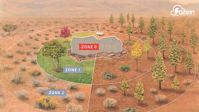 An educational illustration demonstrating wildfire defensible space around a house in a desert landscape. The diagram features three concentric circles labeled ZONE 0, ZONE 1, and ZONE 2. ZONE 0 represents the house itself and its immediate perimeter. ZONE 1 shows a green, managed landscape with a few isolated trees. ZONE 2 illustrates the outermost area with more natural vegetation and spaced-out trees extending toward the desert horizon. The white "azein" logo is in the top right corner.