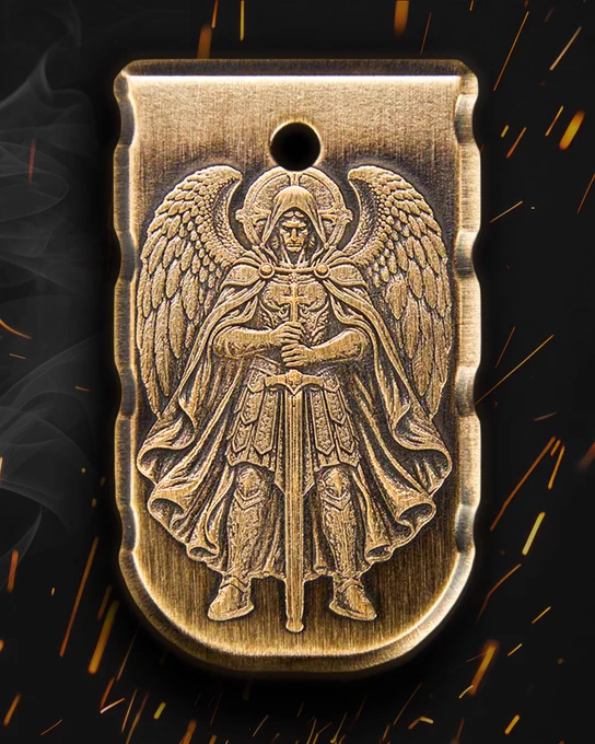 Brass St. Michael engraved magazine plate shown in dramatic lighting with ember effects and a dark cinematic backdrop.