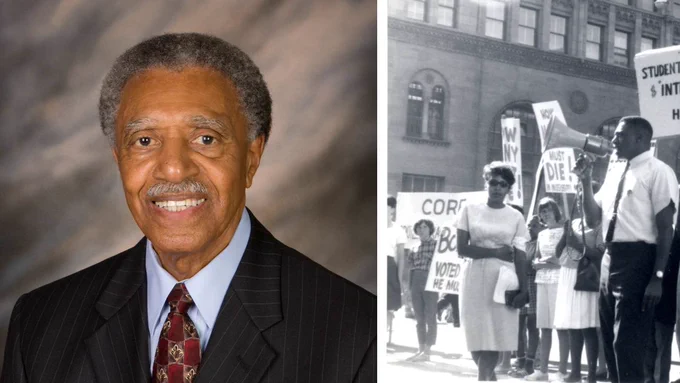 Harold K. Brown. At right, Brown (with bullhorn) at a 1964 a Congress of Racial Equality (CORE) protest in downtown San Diego, aimed at the Bank of America and its hiring practices for Black bank tellers.