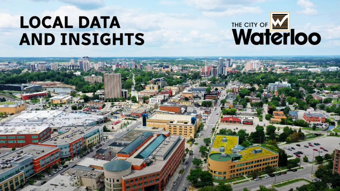 Aerial view of an urban area in uptown Waterloo featuring buildings and streets under a cloudy sky with text overlay that says 'Local data and insights' and the City of Waterloo logo.