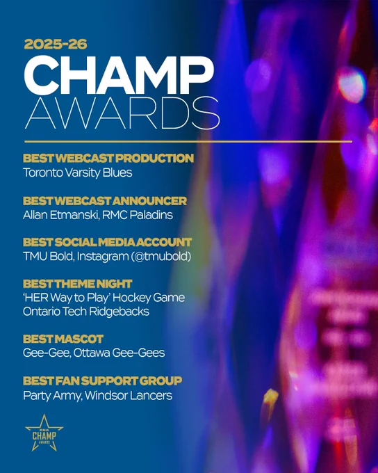Graphic on blue background with gold and white text listing the CHAMP Award recipients alongside photos from the winning campaigns and initiatives.