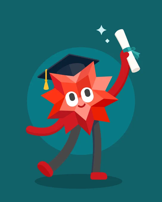 W|A logo Spikey wearing a student grad cap and holding a diploma.
