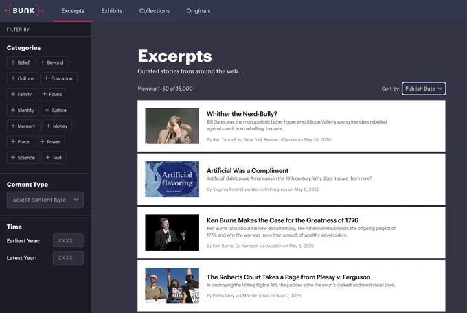Image of the Bunkhistory.org resources with thumbnail images of most recent excerpts, and filters to narrow your search by time, content or category.  15,000 resources to pull from in this most recent search.