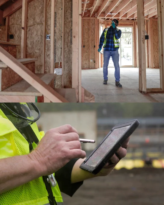 Collage of two photos: First photo, a person wearing a yellow high-visibility vest inspecting a building; second photo, person holding a tablet for building inspections.