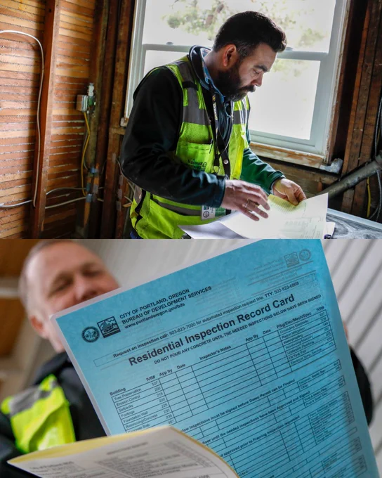 Collage of two photos: First photo, a person wearing a yellow high-visibility vest looking at building reports; second photo, person holding  residential inspection record card.