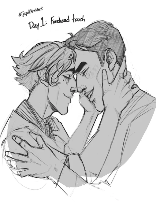 Jayvik kiss week day 1: Forehead touch. Jayce and Viktor touch foreheads gently with their eyes closed. Viktor has one hand at Jayce's neck, the other cupping his cheek. Jayce grips Viktor by the shoulders.