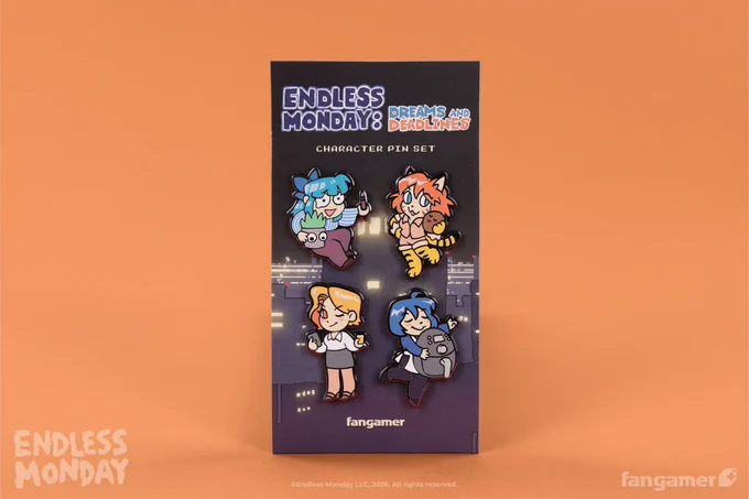 A photo of the Endless Monday character pin set in its packaging. It includes four colorful pins: Penny (and Li'l Succ), Miss Whiskey, Skye, and Tiger-chan. 