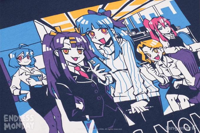 A closeup photo of the We're Family shirt, showing an illustration of a group shot of characters from Endless Monday: Dreams and Deadlines in the office, screenprinted on a navy garment. 