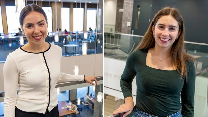 Photos of the two Library Research Award winners side by side. Library seating areas can be seen in the background.