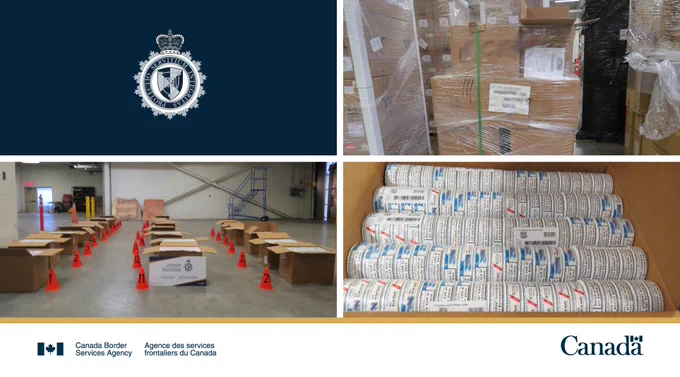 An opened box of nicotine containers and a commercial skid wrapped in plastic.