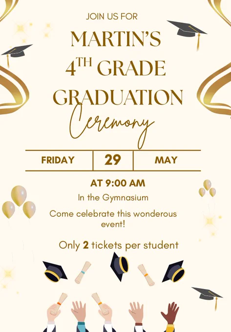 Graduation invitation with gold details and a white background. It includes text and illustrations of hands raising and graduation caps.