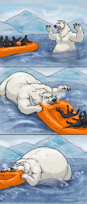 A small group of tourists clipping a northern sea, suddenly bumps into a big polar bear!

 Paul rises from the water, in a greedy attempt to get a delicious human snack but instead… his teeth capped on the border of a boat. A highly compressed air rushed into the greedy bear’s belly, rapidly filling him up, making him inflate like a white furry balloon! 

No matter how hard, Paul tried to release his jaws, he was completely stuck! Which means… more n more n more air from the boat was entering his body every second. The big, dull bear was rounding up fast, completely rising from under the water…
