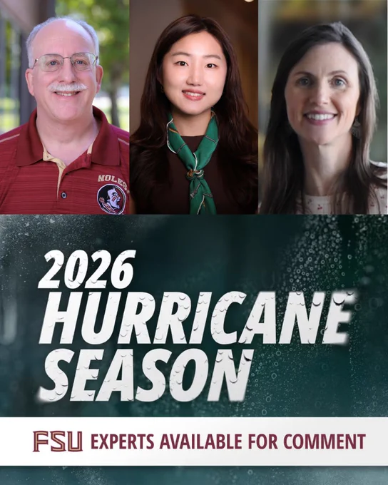 Headshot photos of Mark Bourassa, Chelsea Nam and Emily Powell above an FSU graphic that reads "2026 Hurricane Season."