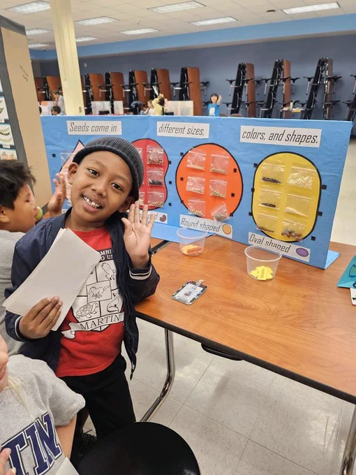 A boy displays a paper in front of a blue poster while a table holds cups. Behind him, others view the poster.