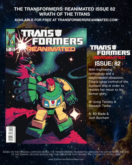 The cover for the Transformers REANIMATED Issue 82 features Cosmos standing proud on an asteroid holding up an angry Talaria in his right hand. She has  her bow and arrow drawn at Cosmos' head. His body looks to have already taken several arrow shots. The Autobot crushes a fist full of arrows in his left hand. The background of this comic book cover has very Jack Kirby inspired space background.