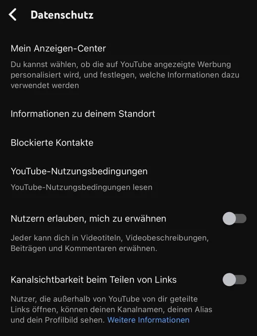 Screenshot Datenschutzeinstellungen YouTube