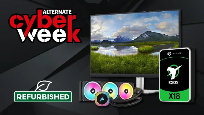 Werbegrafik zur „Alternate Cyber Week“ mit verschiedenen refurbished Technikprodukten vor dunklem Hintergrund. Zu sehen sind ein großer Dell-Monitor mit Landschaftsbild, eine Seagate-Exos-Festplatte sowie eine RGB-Wasserkühlung von Corsair. Unten befindet sich ein grünes „Refurbished“-Label mit Blattsymbol.