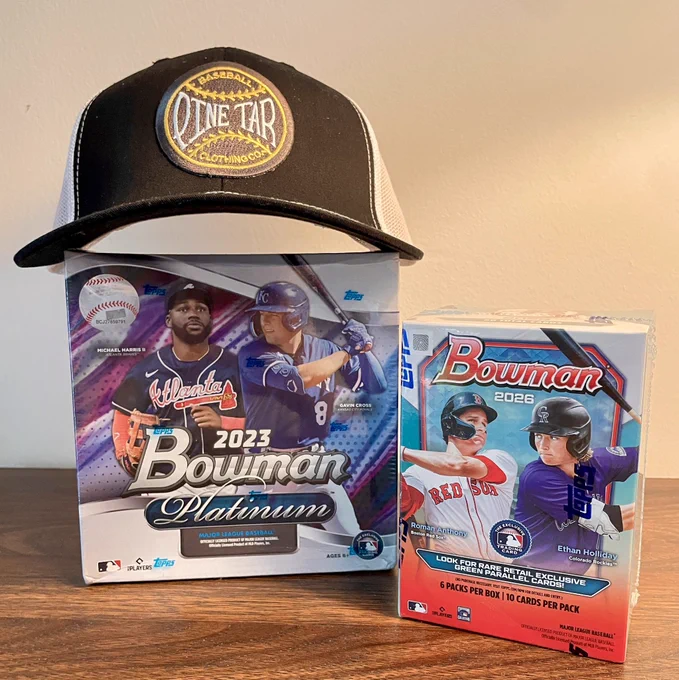 Pine Tar baseball hat, 2023 Bowman Platinum box, 2026 Bowman Value box