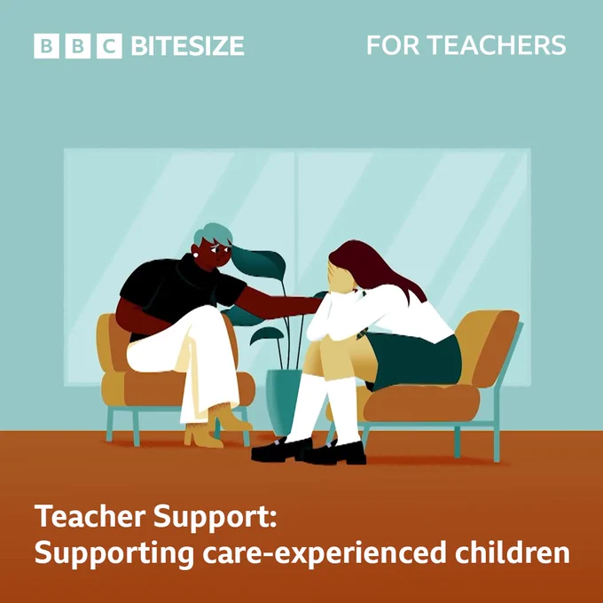 An animated image of a room with a large window. An adult is sitting in a chair. A young person sitting opposite them, wearing school uniform, has their face in their hands. The adult, looking concerned, has a hand placed on the young person's shoulder. Large text reads: Teacher Support - Supporting care-experienced children.