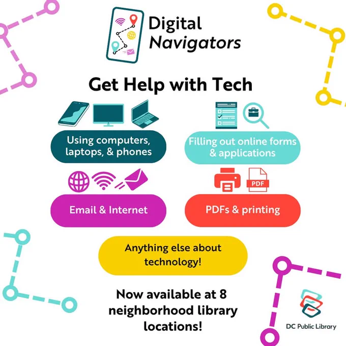 Digital Navigators promotional poster. It reads, "Get Help with Tech" and lists services: using computers, laptops, & phones; filling out online forms & applications; email & internet; PDFs & printing; and anything else about technology. At the bottom, it notes these services are available at 8 neighborhood library locations. The DC Public Library logo is included.