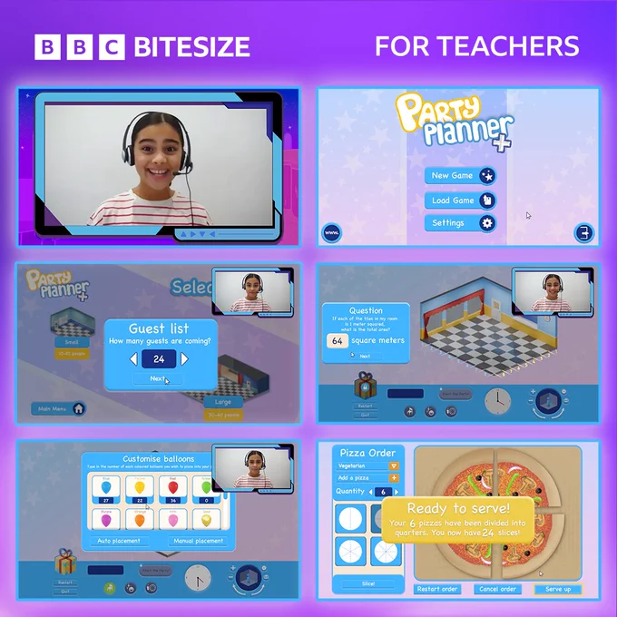 On a purple background are six frames from Bitesize for Teachers' new party-planning assembly film.