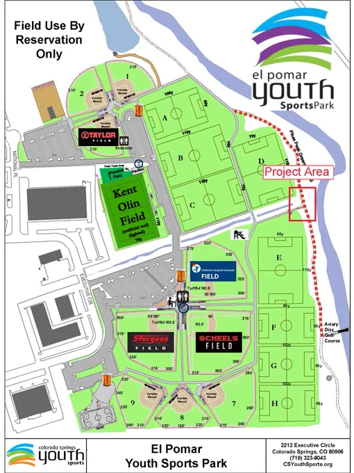 Map of El Pomar Youth Sports Park in Colorado Springs. It shows various fields including Kent Olin Field, Sturgeon Electric Field, and Scheels Field. The map includes a designated project area, parking lots, pathways, and surrounding roads. The logo for El Pomar Youth Sports Park is at the top right.