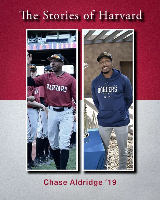 Graphic featuring photos of Chase Aldridge in Harvard uniform and LA Dodgers uniform with text "The Stories of Harvard , Chase Aldridge '19".