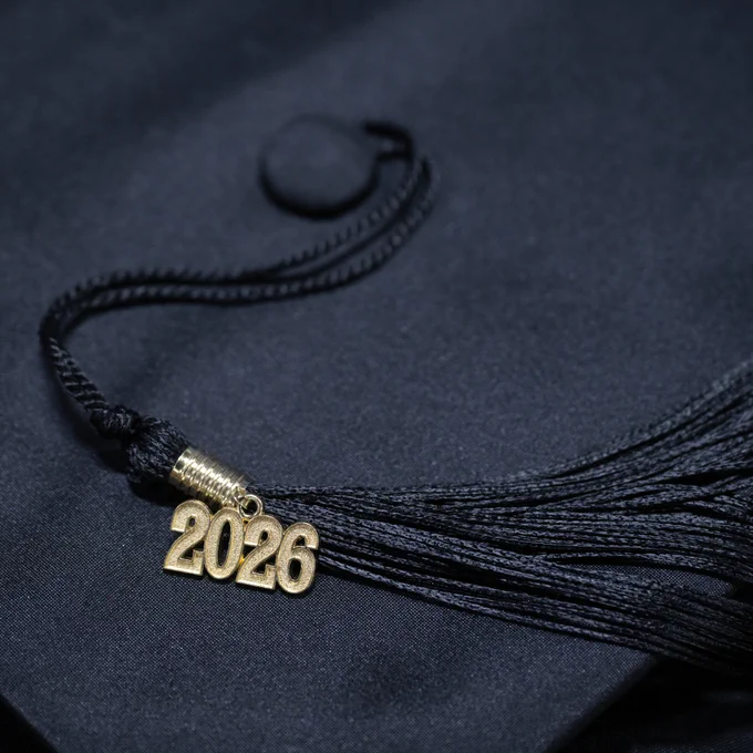Up close look at a mortarboard and a 2026 tassel.