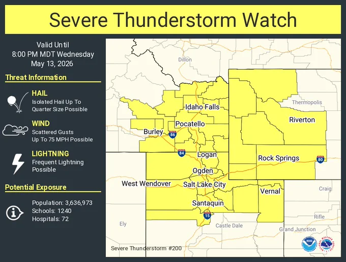 This graphic displays Severe Thunderstorm watch number 200 plotted on a map. The watch is in effect until 8:00 PM MDT. The watch includes parts of Idaho, Utah and Wyoming. The threats associated with this watch are no tornadoes expected, isolated hail up to quarter size possible and scattered gusts up to 75 mph possible. There are 3,636,973 people in the watch along with 1240 schools and 72 hospitals.