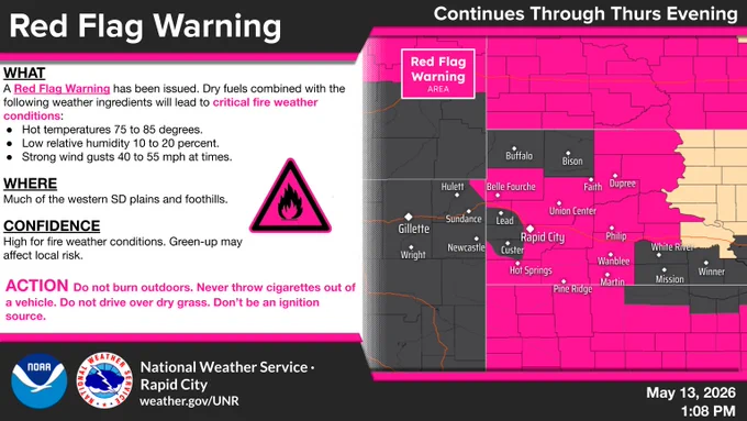 Map on the right shows areas in a Red Flag Warning through Thursday evening. 