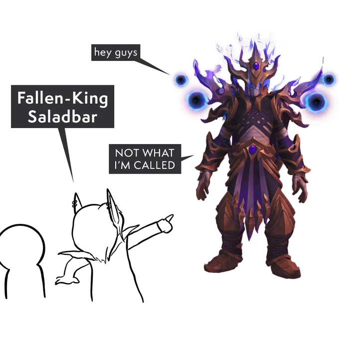 The image depicts two parties talking on a white background. On the left are two sketched people, one of whom has long pointed ears like an elf. On the right side is Fallen-King Salhadaar, an ethereal with purple and white armor. There are talking bubbles, demonstrating that the people pictured are having a back-and-forth conversation.\n\nThe dialogue goes as follows:\nSalhadaar: hey guys\nElf: Fallen-King Saladbar\nSaladbar: NOT WHAT I'M CALLED
