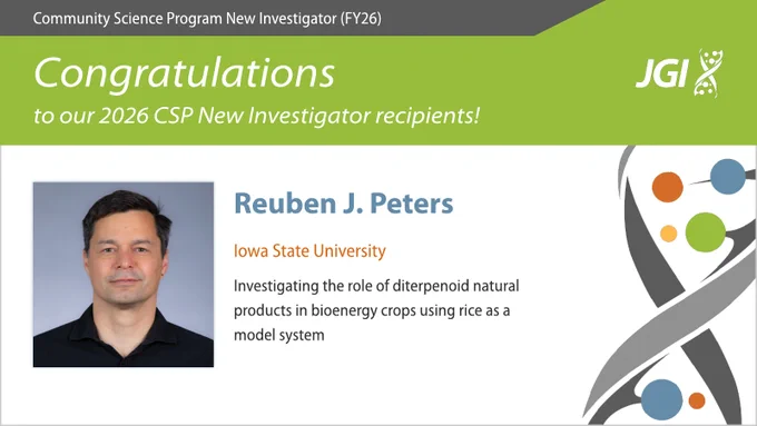 Community Science Program New Investigator (FY26)
Congratulations to our 2026 CSP New Investigator recipients!
Reuben J. Peters
Iowa State University
Investigating the role of diterpenoid natural products in bioenergy crops using rice as a model system