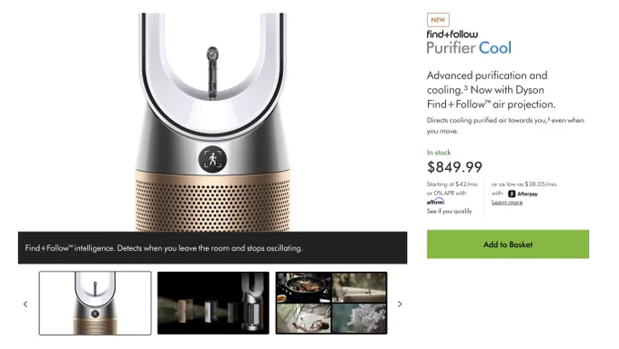 Product screenshot of new Dyson Purifier Cool with "Find Follow" technology (AKA a camera)