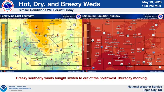 Map on the left shows max wind gusts expected Thursday. Map on the right shows the minimum RH expected Thursday afternoon.
