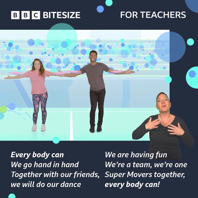 CBBC's Rhys Stephenson and CBeebies' Evie Pickerill are dancing on a serene blue and green, animated background. They are smiling with their arms outstretched. In the bottom right corner of the image, a BSL interpreter is signing their words. Song words read: Every body can!
