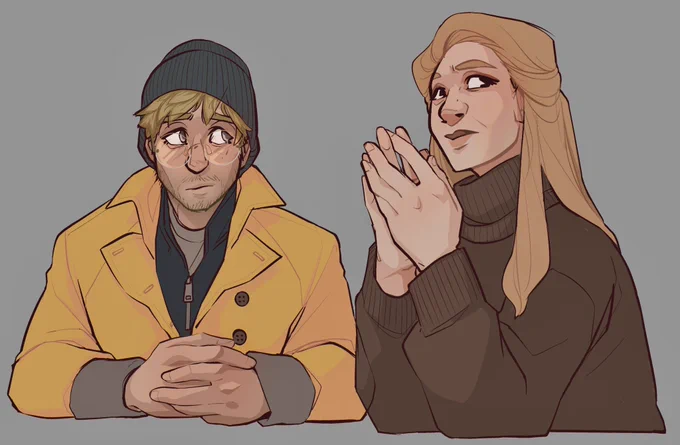 A digital fanart illustration of Ryland Grace and Eva Stratt. They are drawn from the chest up as if sitting at a table, looking concerned. Grace is looking at Stratt and Stratt is looking towards the viewers.
